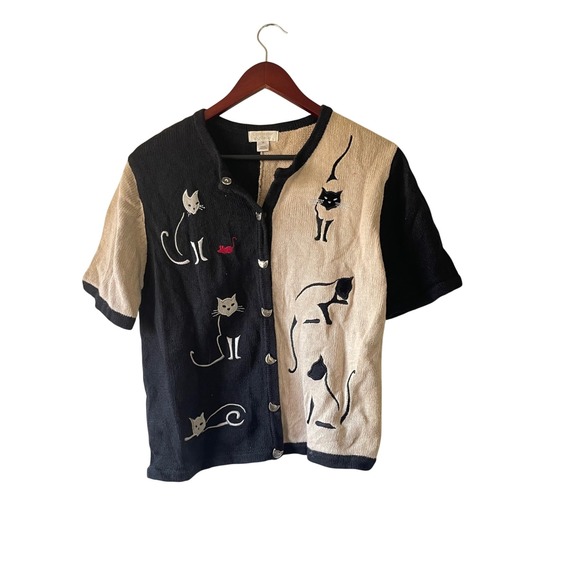 Christopher & Banks Sweaters - Vintage Cat Embroidered Cardigan Black Cream Size M